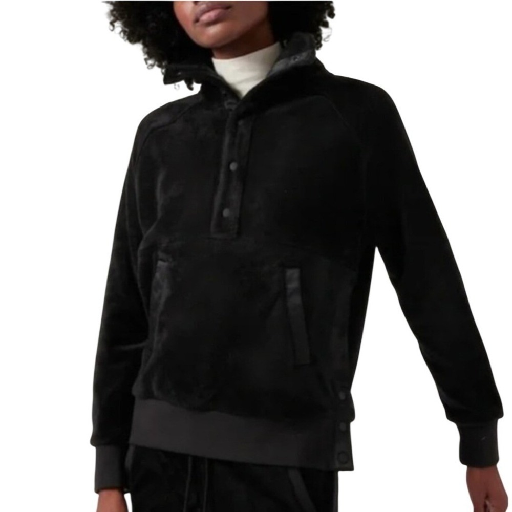 Athleta Womens XXS Black High Pile Fleece Snap Neck Pullover Sweatshirt